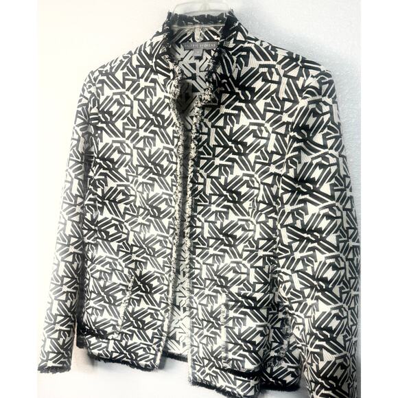 Valerie Stevens Blazer Jacket Women’s XL Black White Geometric Fringe Work Chic - Picture 3 of 9